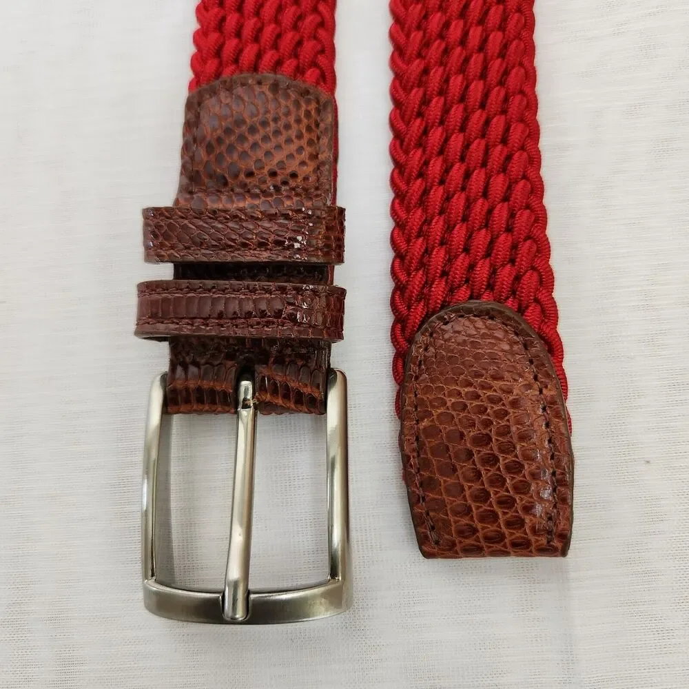 Belt Mens 36 Red Braided Stretch Leather Snake Tab Solid Silver Brass Buckle